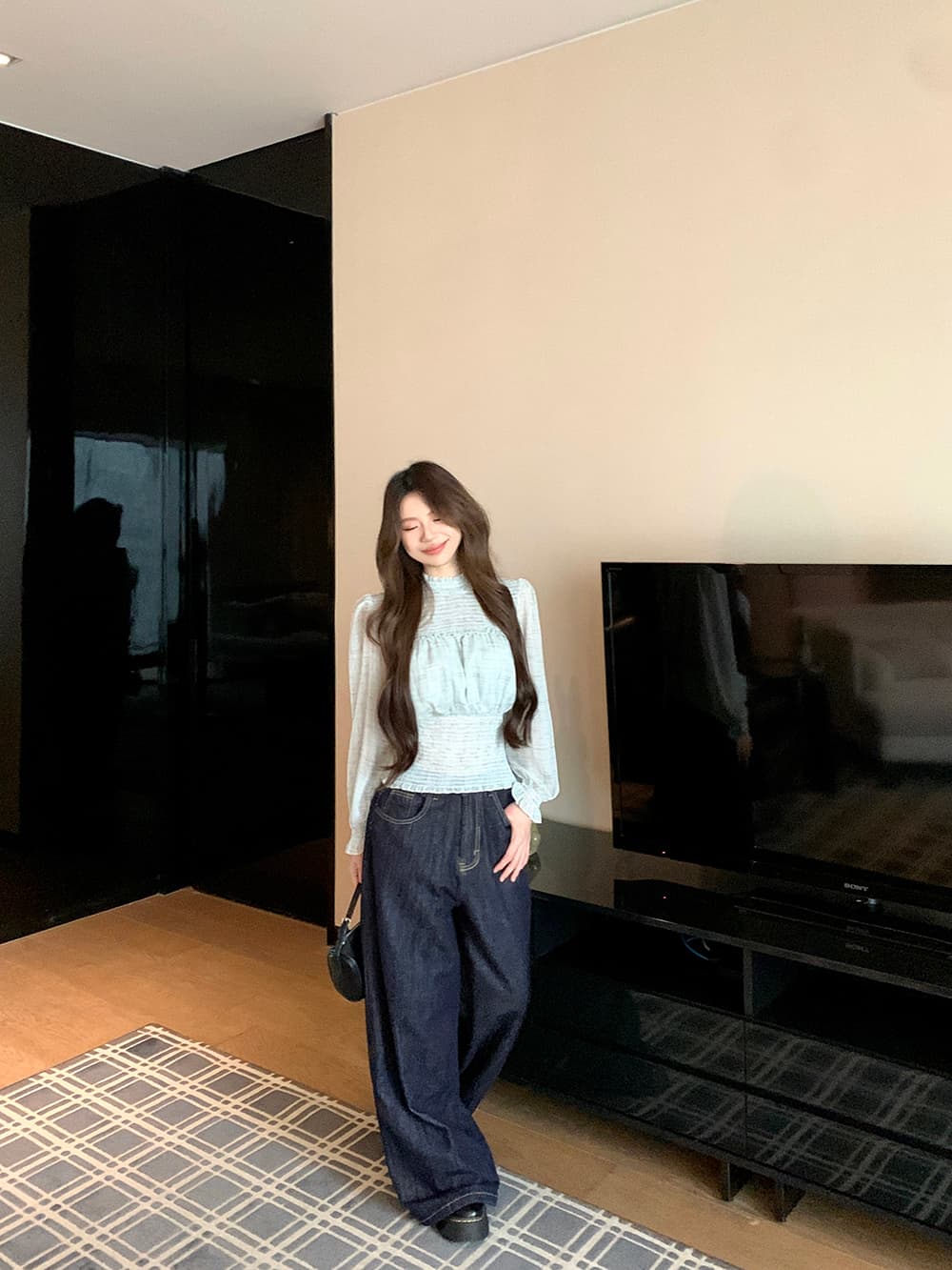 실사 정가 출퇴근 미니멀리즘 다용도 가을 녹색 라운드 넥 쉬폰 허리 수축 슬림해 보이는 자외선 차단 긴팔 맨위 여성 상세 이미지 12