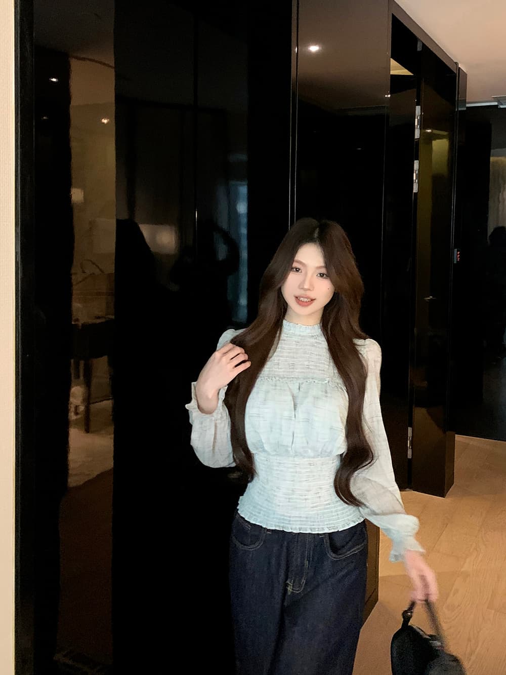 실사 정가 출퇴근 미니멀리즘 다용도 가을 녹색 라운드 넥 쉬폰 허리 수축 슬림해 보이는 자외선 차단 긴팔 맨위 여성 상세 이미지 13