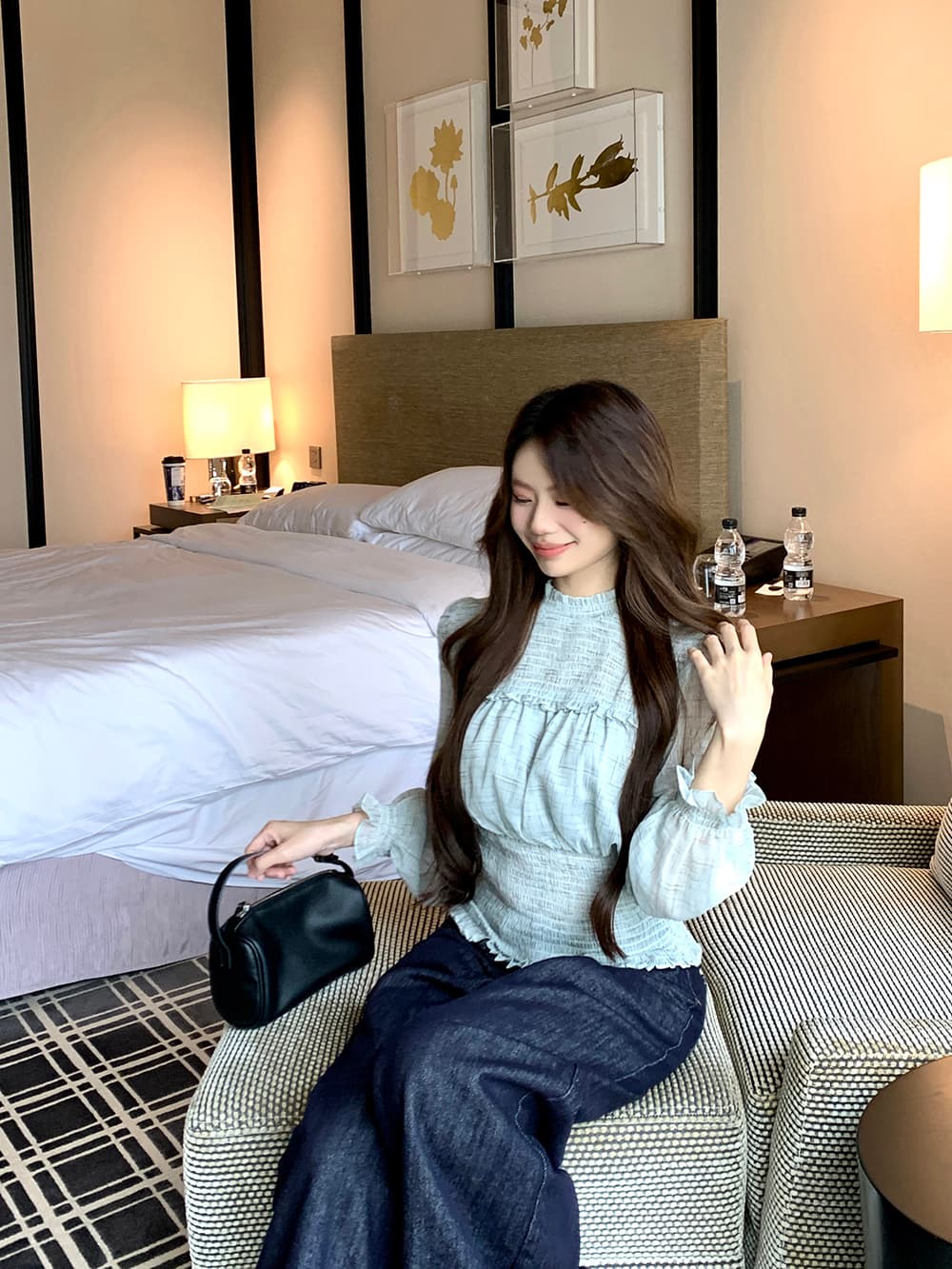 실사 정가 출퇴근 미니멀리즘 다용도 가을 녹색 라운드 넥 쉬폰 허리 수축 슬림해 보이는 자외선 차단 긴팔 맨위 여성 상세 이미지 15