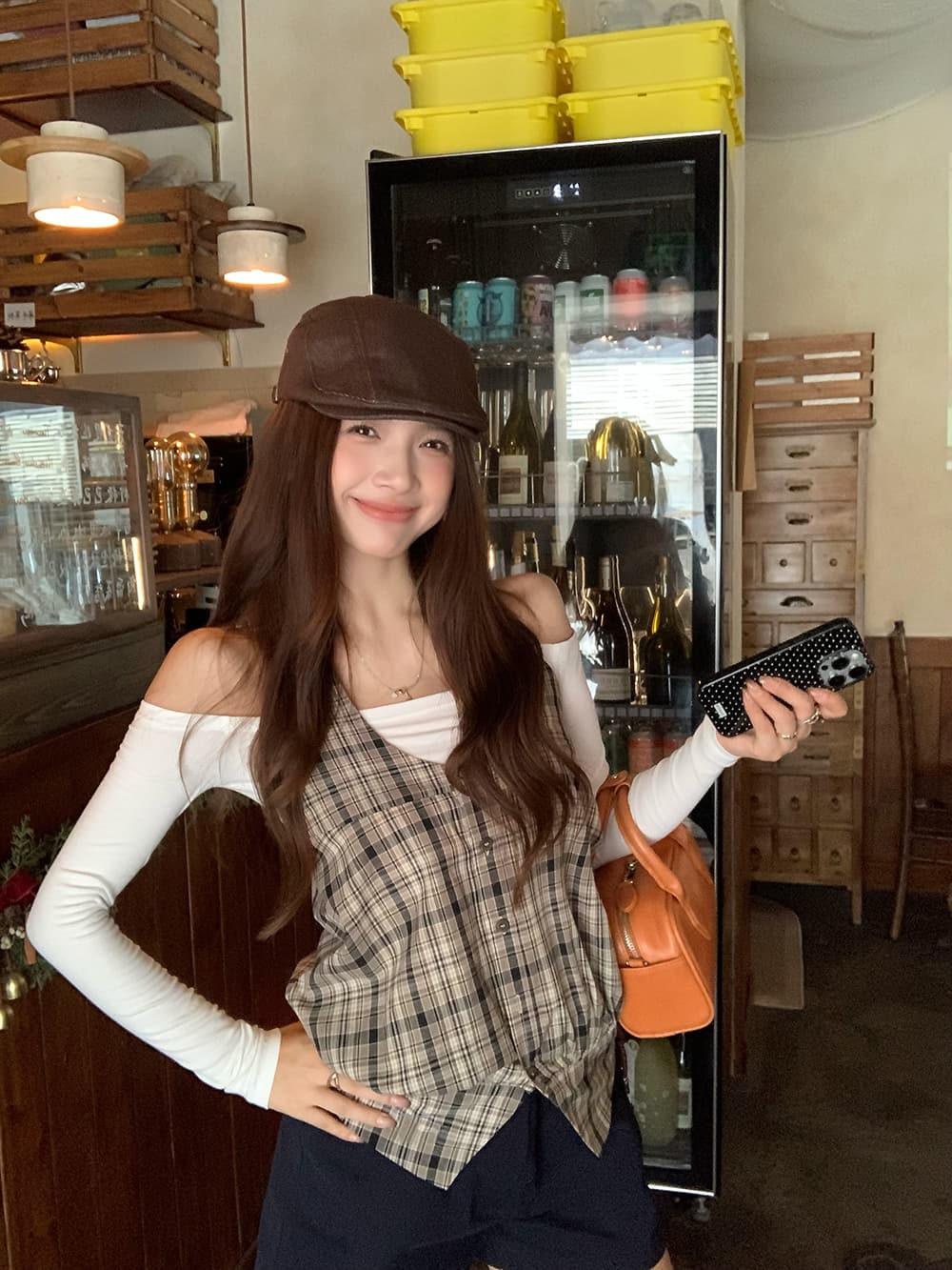 실사 정가 레트로 체크무늬 민소매 행침 목 슬립 맨위 오프숄더 자수 몸매 가꾸기 기본 셔츠 베스트 세트 상세 이미지 4