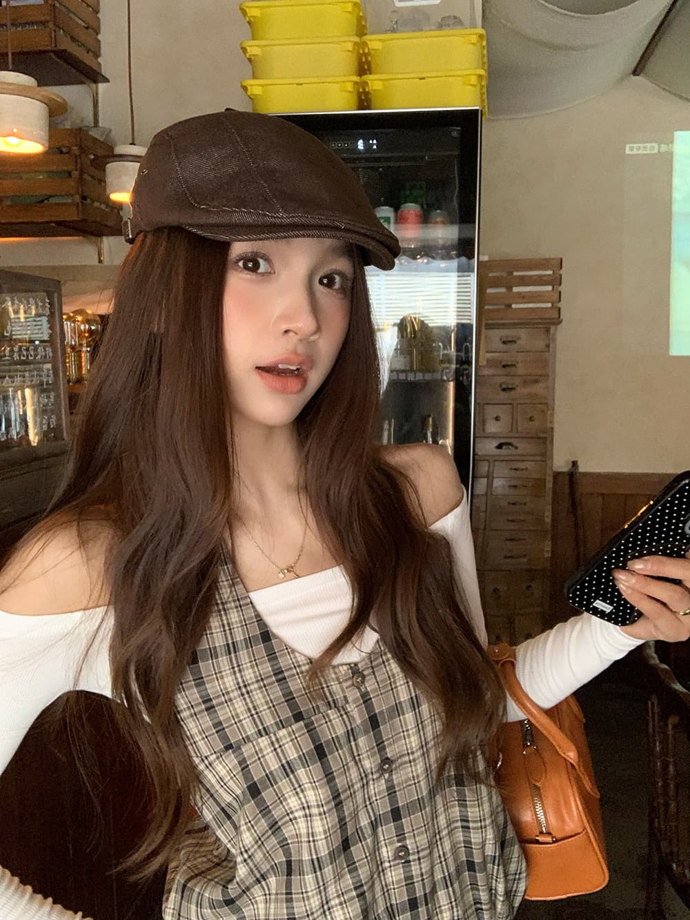 실사 정가 레트로 체크무늬 민소매 행침 목 슬립 맨위 오프숄더 자수 몸매 가꾸기 기본 셔츠 베스트 세트 상세 이미지 5