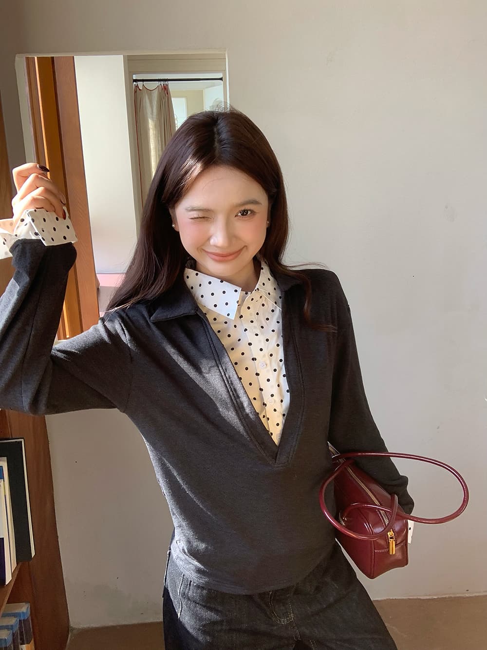 실사 정가 페이크 레이어드 도트 무늬 V 넥 셔츠 느슨함 센스 얇고 가벼운 통기성 긴팔 맨위 상세 이미지 4