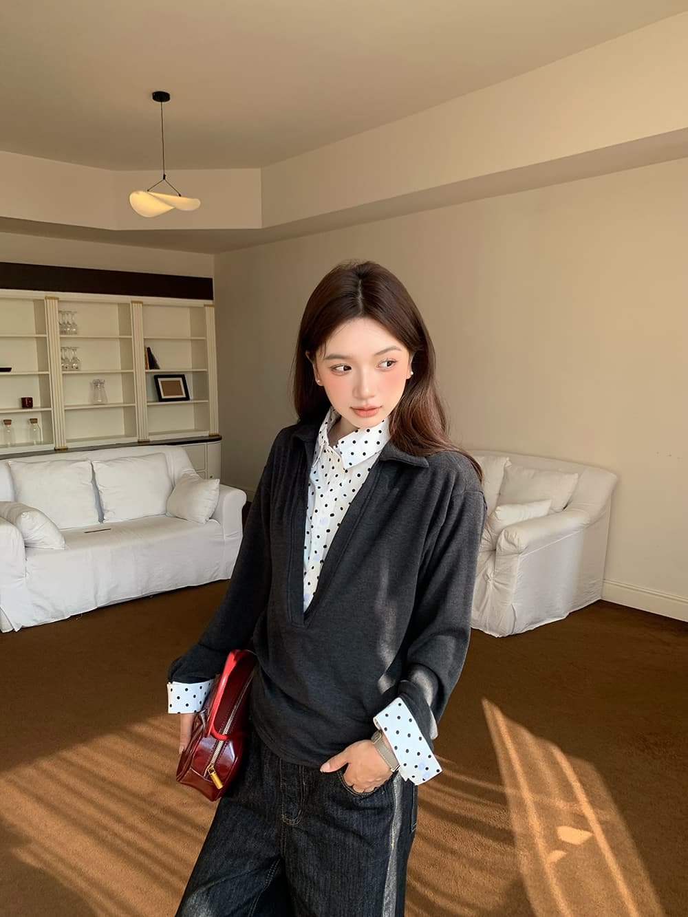 실사 정가 페이크 레이어드 도트 무늬 V 넥 셔츠 느슨함 센스 얇고 가벼운 통기성 긴팔 맨위 상세 이미지 6