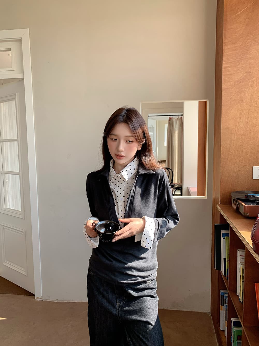 실사 정가 페이크 레이어드 도트 무늬 V 넥 셔츠 느슨함 센스 얇고 가벼운 통기성 긴팔 맨위 상세 이미지 11