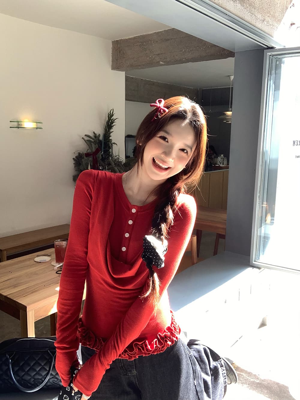 실사 정가 레트로 흔들다 칼라 배색 단추 페이크 레이어드 몸매 가꾸기 긴팔 니트 티셔츠 상세 이미지 1