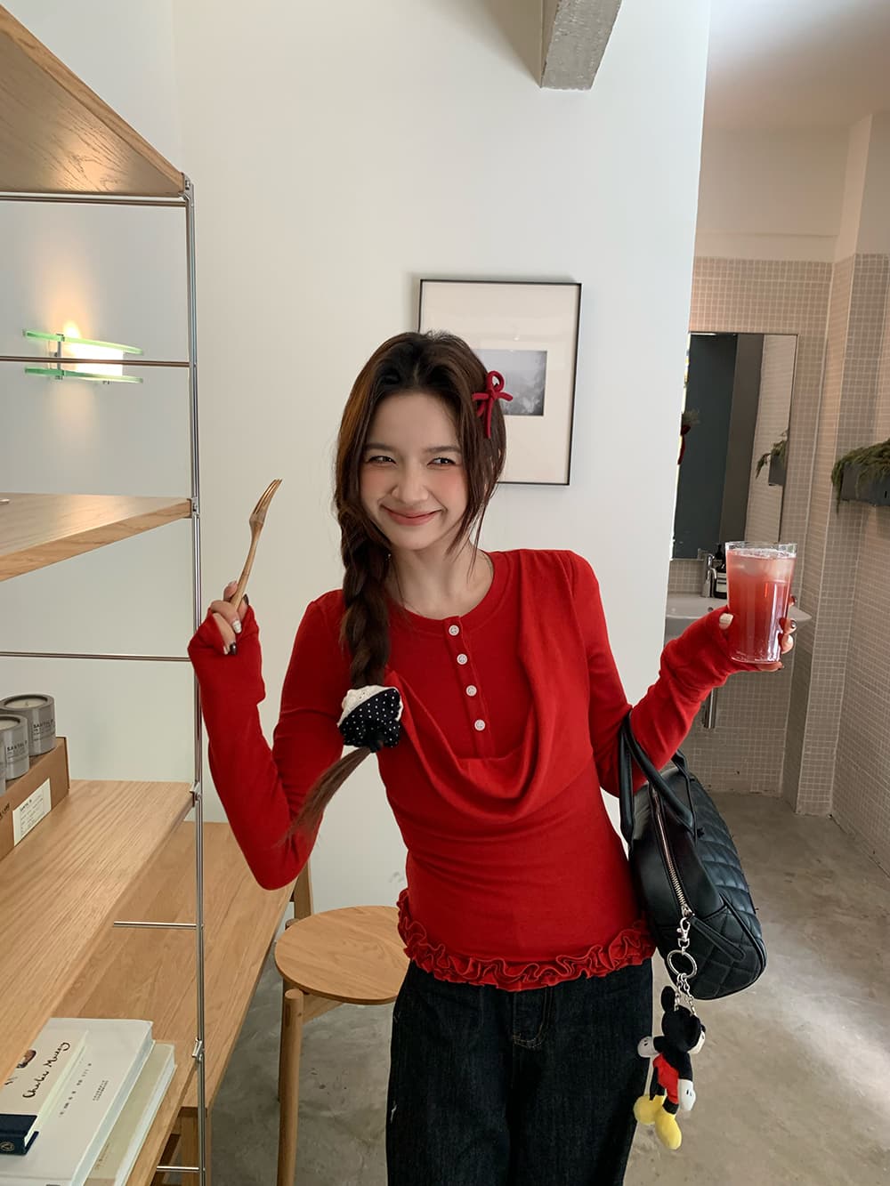 실사 정가 레트로 흔들다 칼라 배색 단추 페이크 레이어드 몸매 가꾸기 긴팔 니트 티셔츠 상세 이미지 7