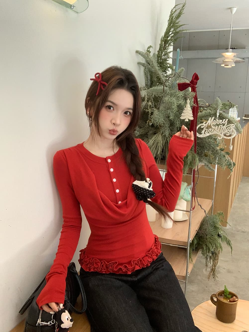 실사 정가 레트로 흔들다 칼라 배색 단추 페이크 레이어드 몸매 가꾸기 긴팔 니트 티셔츠 상세 이미지 8