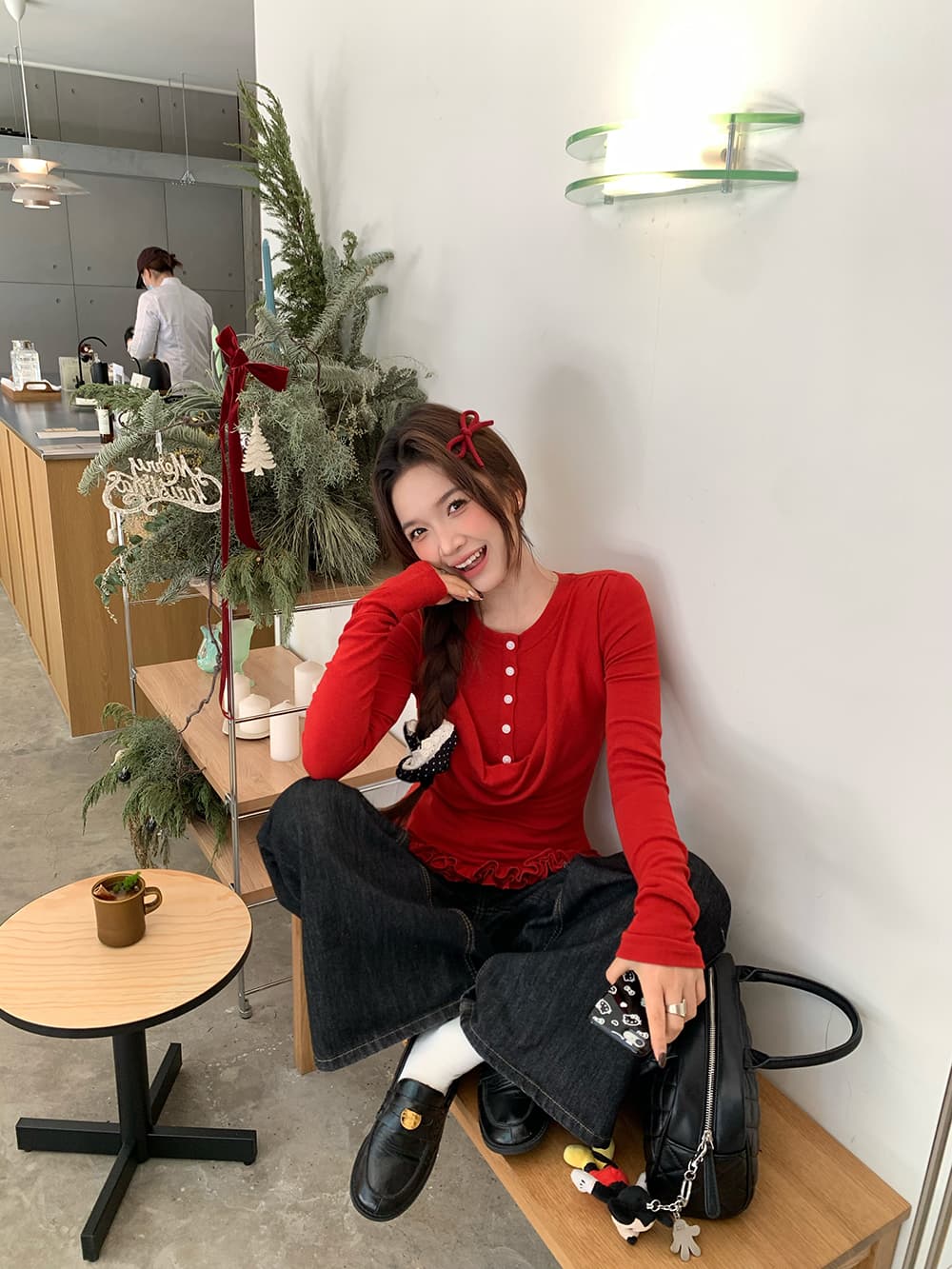 실사 정가 레트로 흔들다 칼라 배색 단추 페이크 레이어드 몸매 가꾸기 긴팔 니트 티셔츠 상세 이미지 13