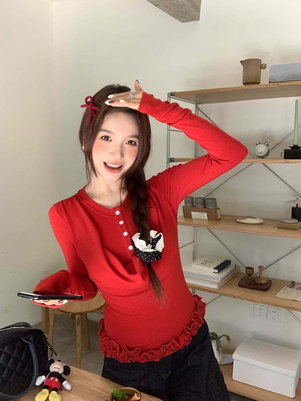 실사 정가 레트로 흔들다 칼라 배색 단추 페이크 레이어드 몸매 가꾸기 긴팔 니트 티셔츠 상세 이미지 14