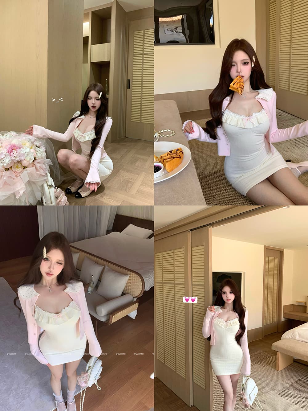 도트 무늬 레이스 칼라 작은 열림 셔츠 달콤함 소녀 슬립 니트 원피스 타이트 스커트 상세 이미지 1