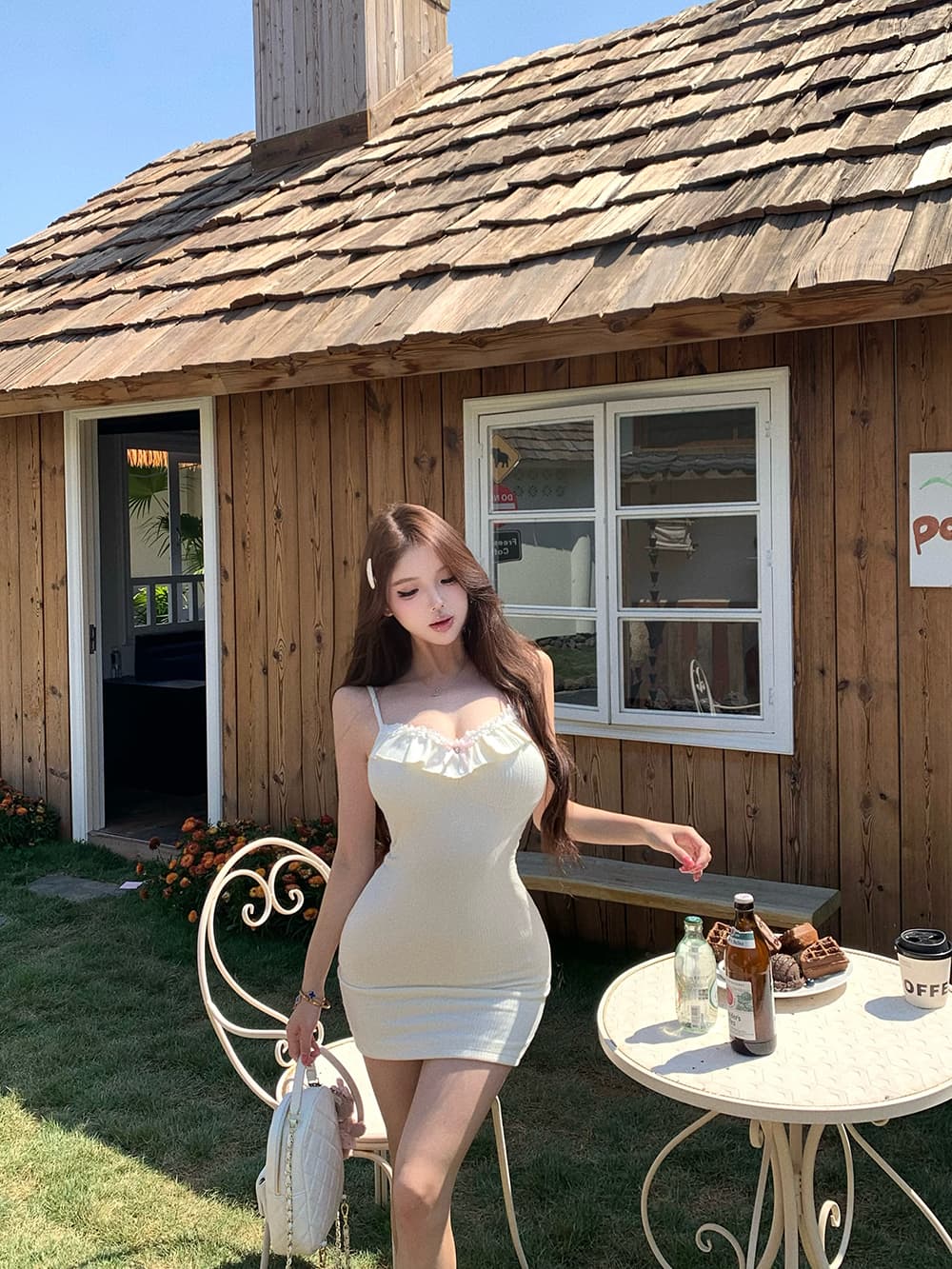 도트 무늬 레이스 칼라 작은 열림 셔츠 달콤함 소녀 슬립 니트 원피스 타이트 스커트 상세 이미지 3