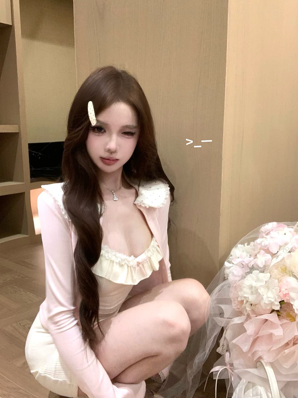 도트 무늬 레이스 칼라 작은 열림 셔츠 달콤함 소녀 슬립 니트 원피스 타이트 스커트 상세 이미지 5