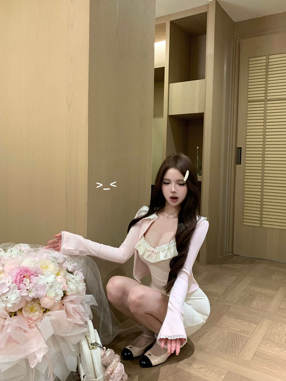 도트 무늬 레이스 칼라 작은 열림 셔츠 달콤함 소녀 슬립 니트 원피스 타이트 스커트 상세 이미지 10