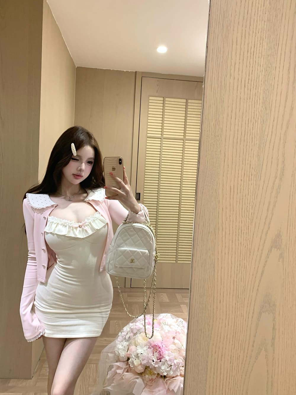 도트 무늬 레이스 칼라 작은 열림 셔츠 달콤함 소녀 슬립 니트 원피스 타이트 스커트 상세 이미지 12