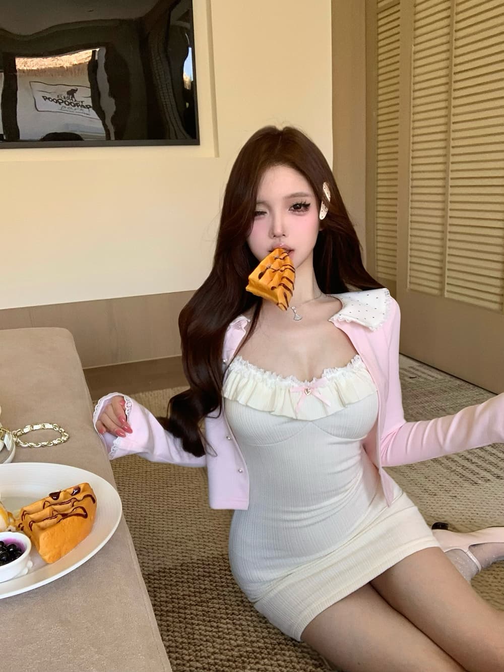 도트 무늬 레이스 칼라 작은 열림 셔츠 달콤함 소녀 슬립 니트 원피스 타이트 스커트 상세 이미지 14