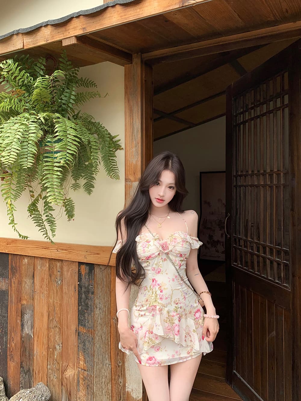 실사 정가 3 차원 주름 레트로 신선함 꽃무늬 행침 목 프릴 드레스 이미지 2