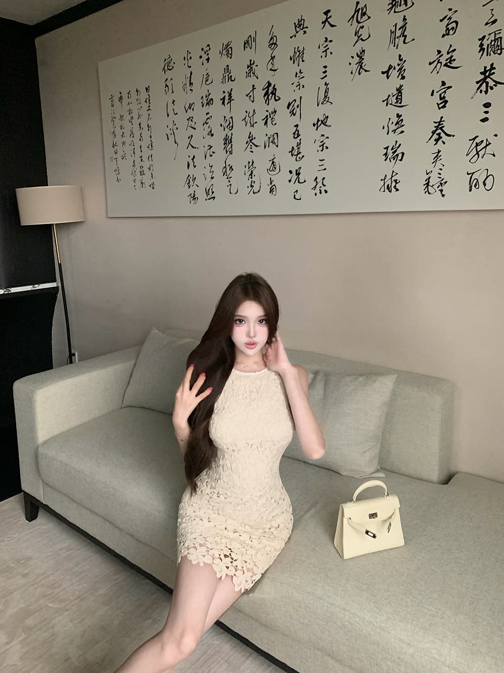 실사 정가 프랑스식 부드러운 여성 드레스 봄 예복 홀로우 아웃 레이스 민소매 인사이드 가져 가라. 쇼트 스타일 치마 상세 이미지 5