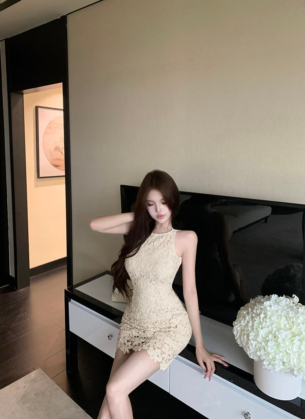 실사 정가 프랑스식 부드러운 여성 드레스 봄 예복 홀로우 아웃 레이스 민소매 인사이드 가져 가라. 쇼트 스타일 치마 상세 이미지 8