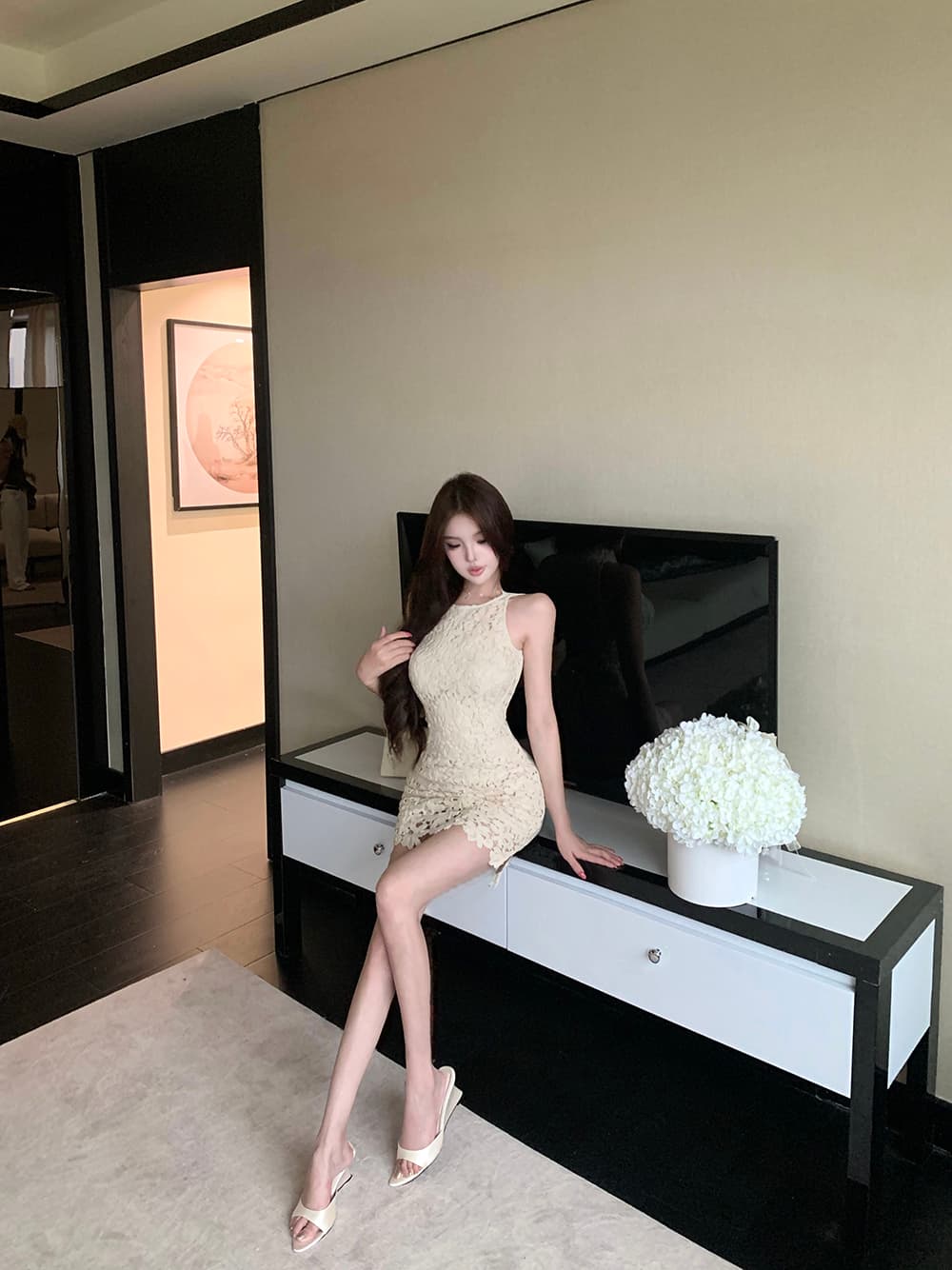실사 정가 프랑스식 부드러운 여성 드레스 봄 예복 홀로우 아웃 레이스 민소매 인사이드 가져 가라. 쇼트 스타일 치마 상세 이미지 11