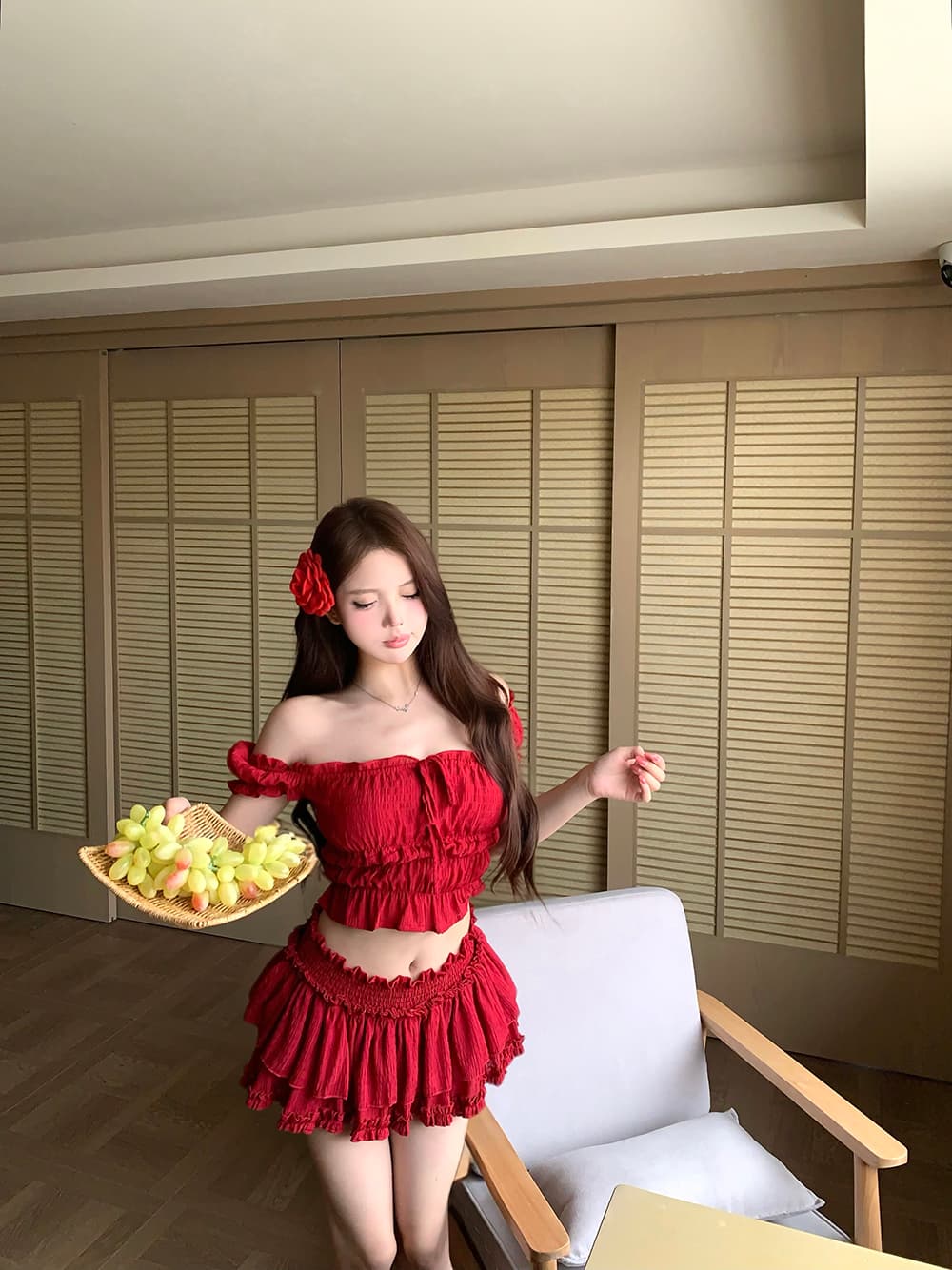 봄 순수한 욕망 소녀 신축성 프릴 슬림해 보이는 세트 상세 이미지 1