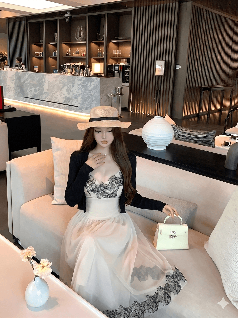 섹시함 레이스 슬립 드레스 프랑스식 레이스 조각 허리 수축 망사 여성 드레스 이미지 2