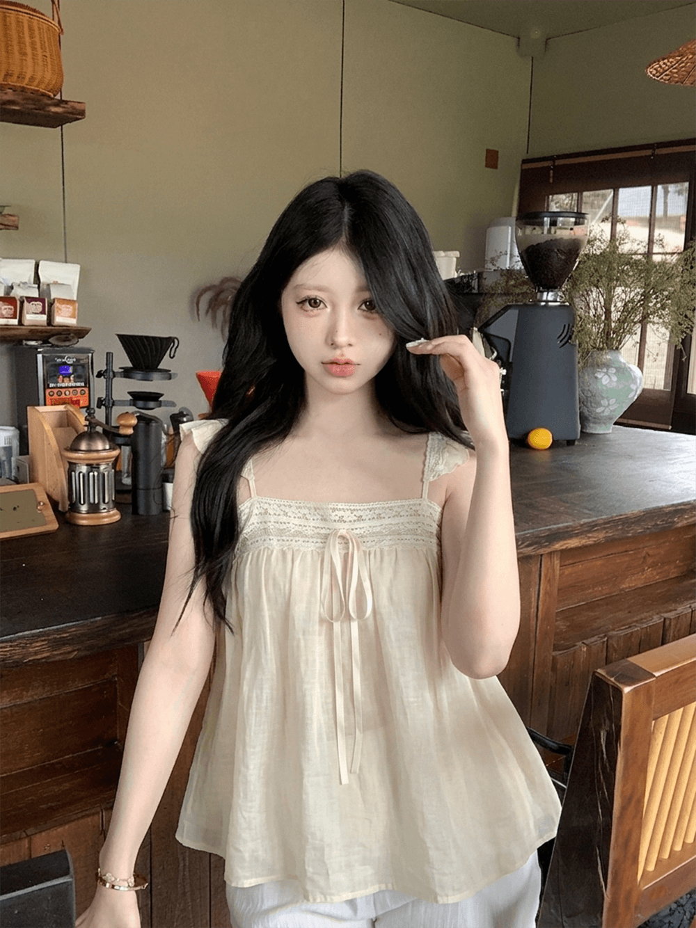 실사 정가 작은 날다 소매 맨위 여성 레이스 슬립 민소매 조끼 이미지 2