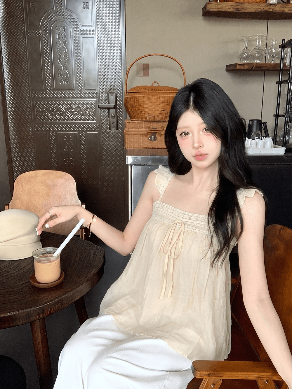 실사 정가 작은 날다 소매 맨위 여성 레이스 슬립 민소매 조끼 이미지 4