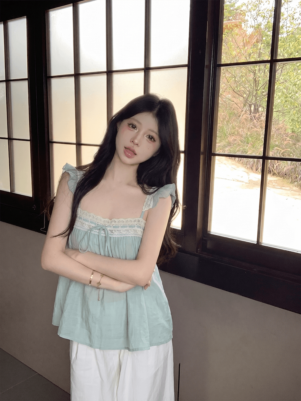 실사 정가 작은 날다 소매 맨위 여성 레이스 슬립 민소매 조끼 상세 이미지 1