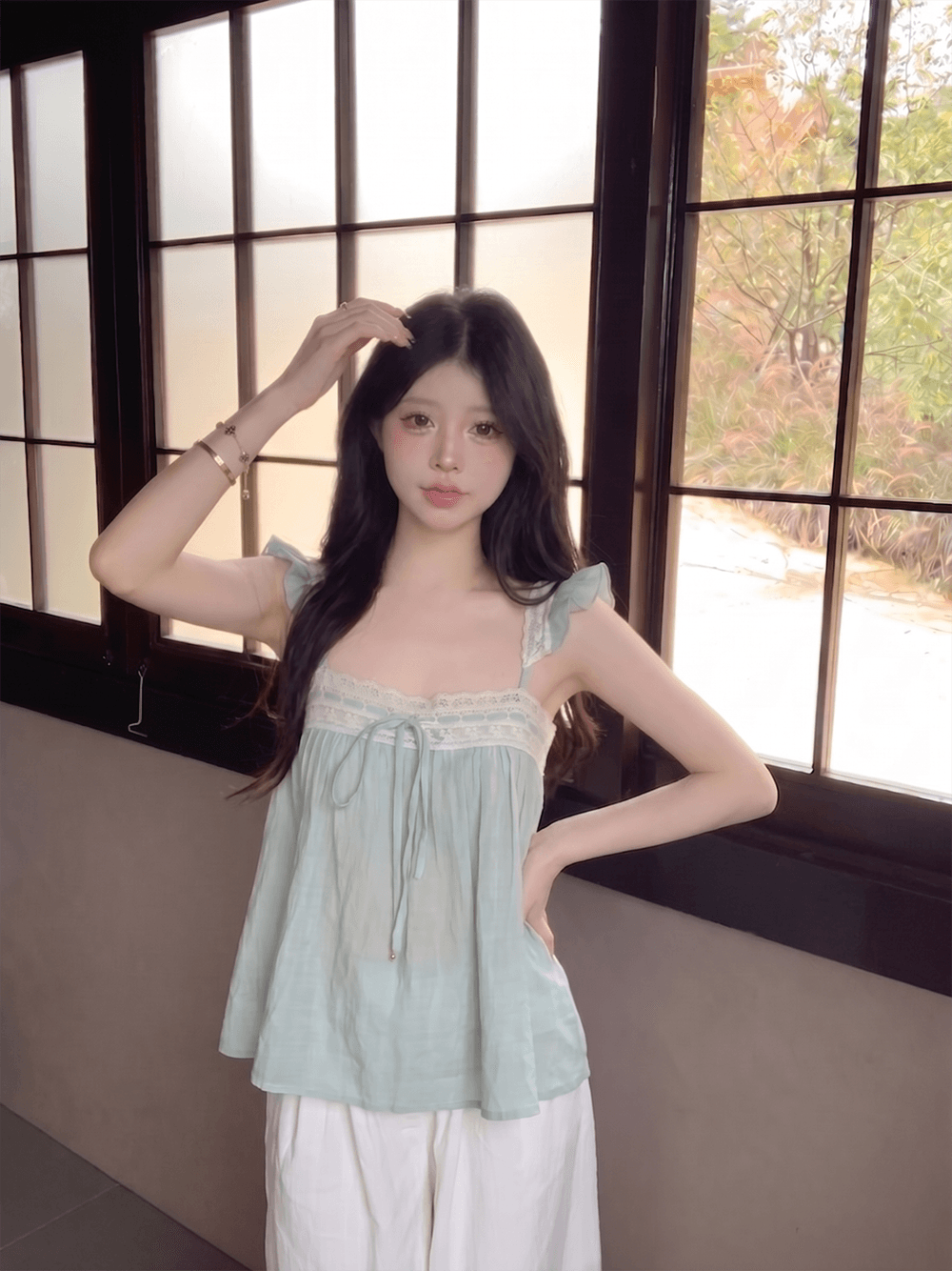 실사 정가 작은 날다 소매 맨위 여성 레이스 슬립 민소매 조끼 상세 이미지 2