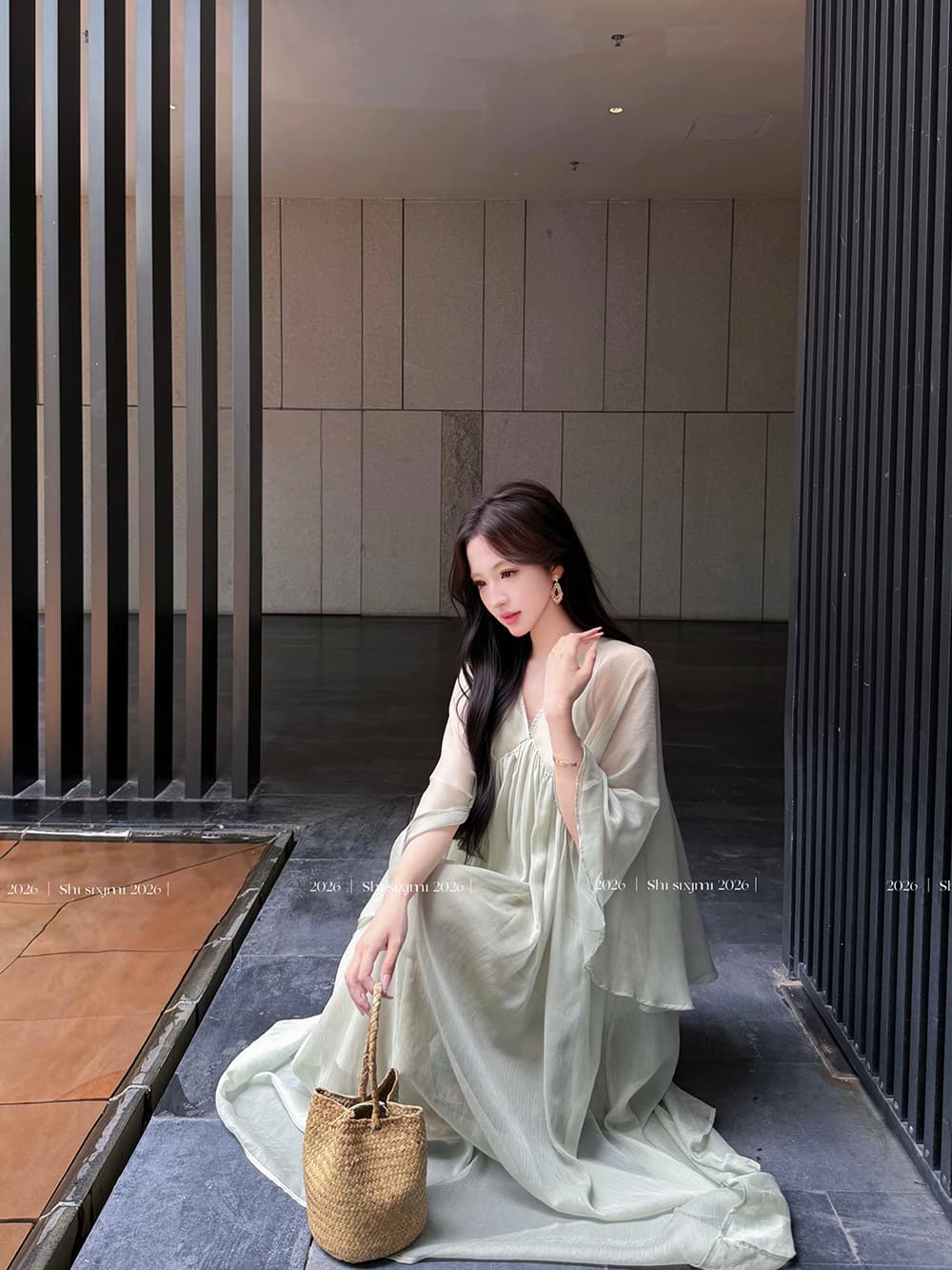 실사 정가 해변가 휴가 바람 숄 망토 여성 드레스 2026 초여름 아름다운 아름다운 녹색 길다 치마 이미지 4