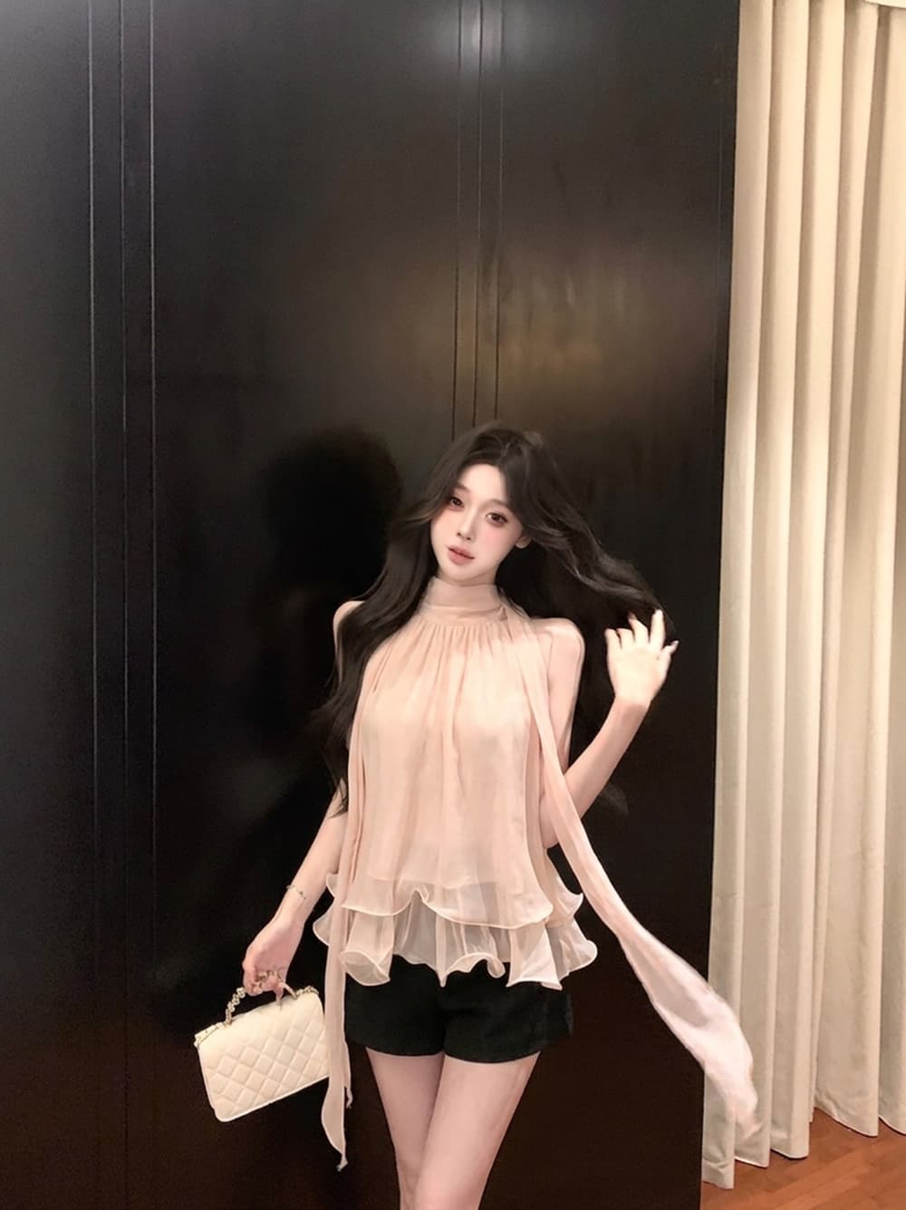 실사 정가 분위기 센스 핑크색 행침 목 드레스 민소매 쇼트 스타일 케이크 드레스 상세 이미지 6