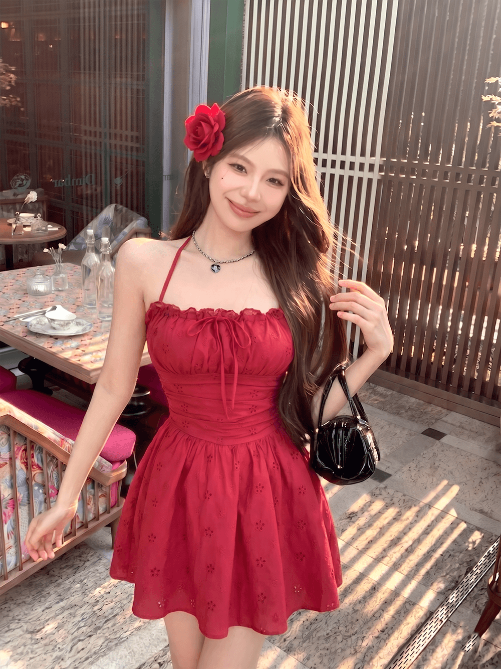 프랑스식 휴일 레이스 자수 순수한 욕망 나비 매듭 백리스 슬립 여성 드레스 상세 이미지 1
