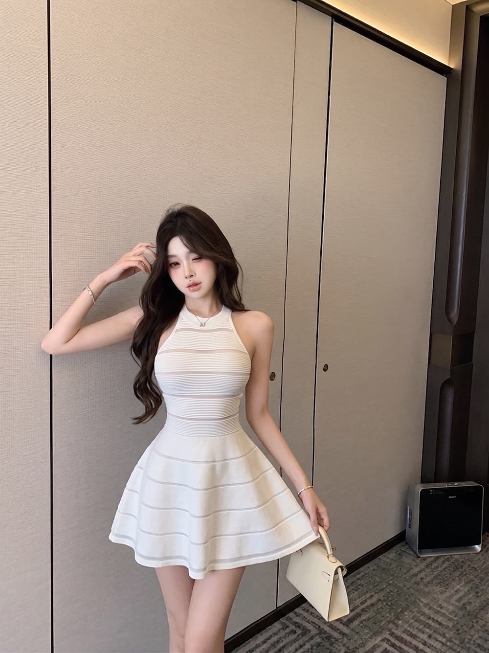 민소매 여성 드레스 여름 고급 센스 품격 홀로우 아웃 허리 수축 치마 상세 이미지 3