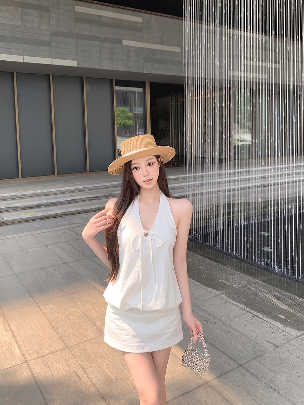 화이트 반 스커트 세트 여성 여름 행침 목 꽃밭 백리스 맨위 타이트 스커트 반신 스커트 투피스 세트 상세 이미지 6