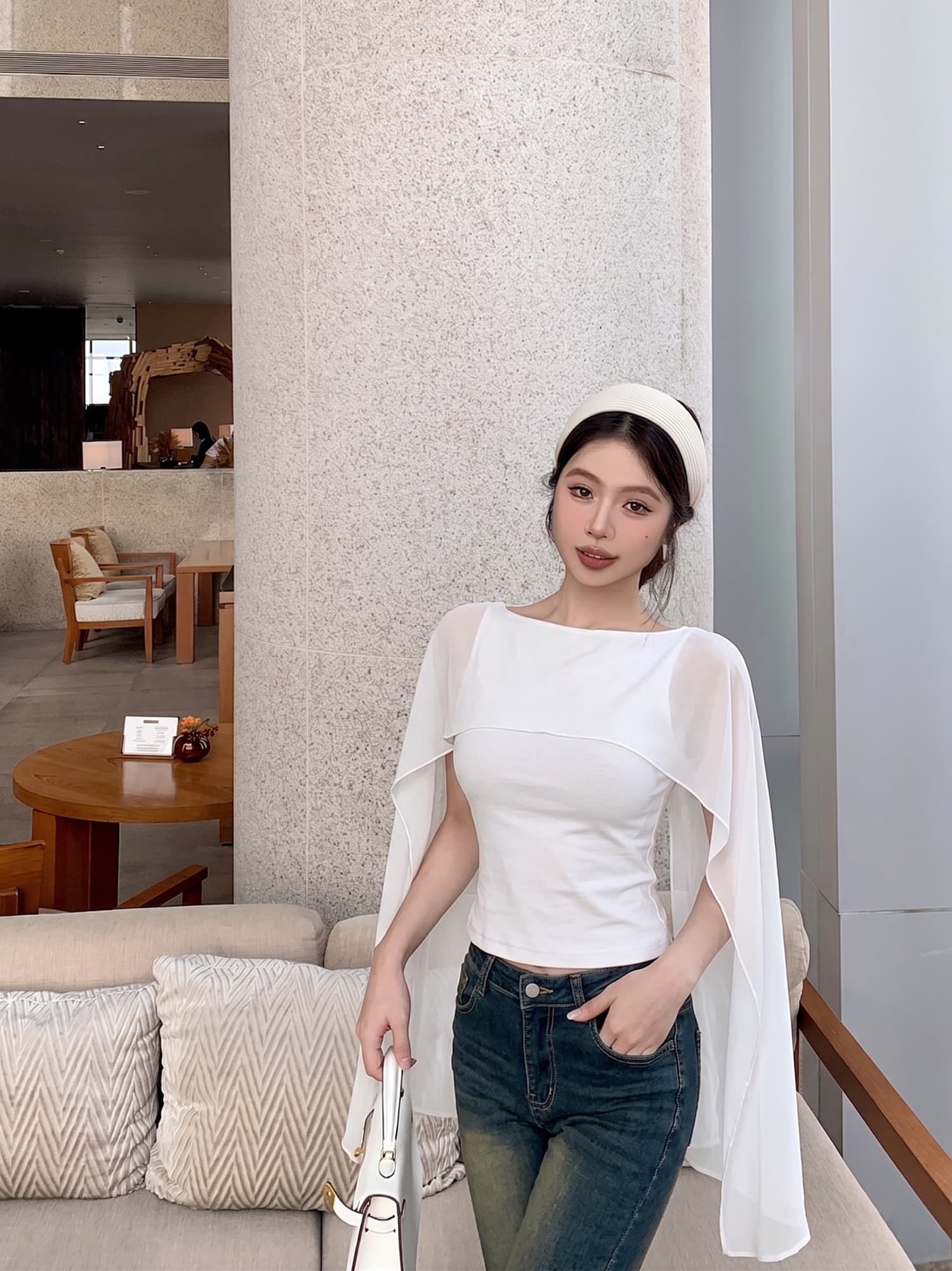 기타 착용 법 Tulle 숄 백리스 보트넥 조끼 상세 이미지 6