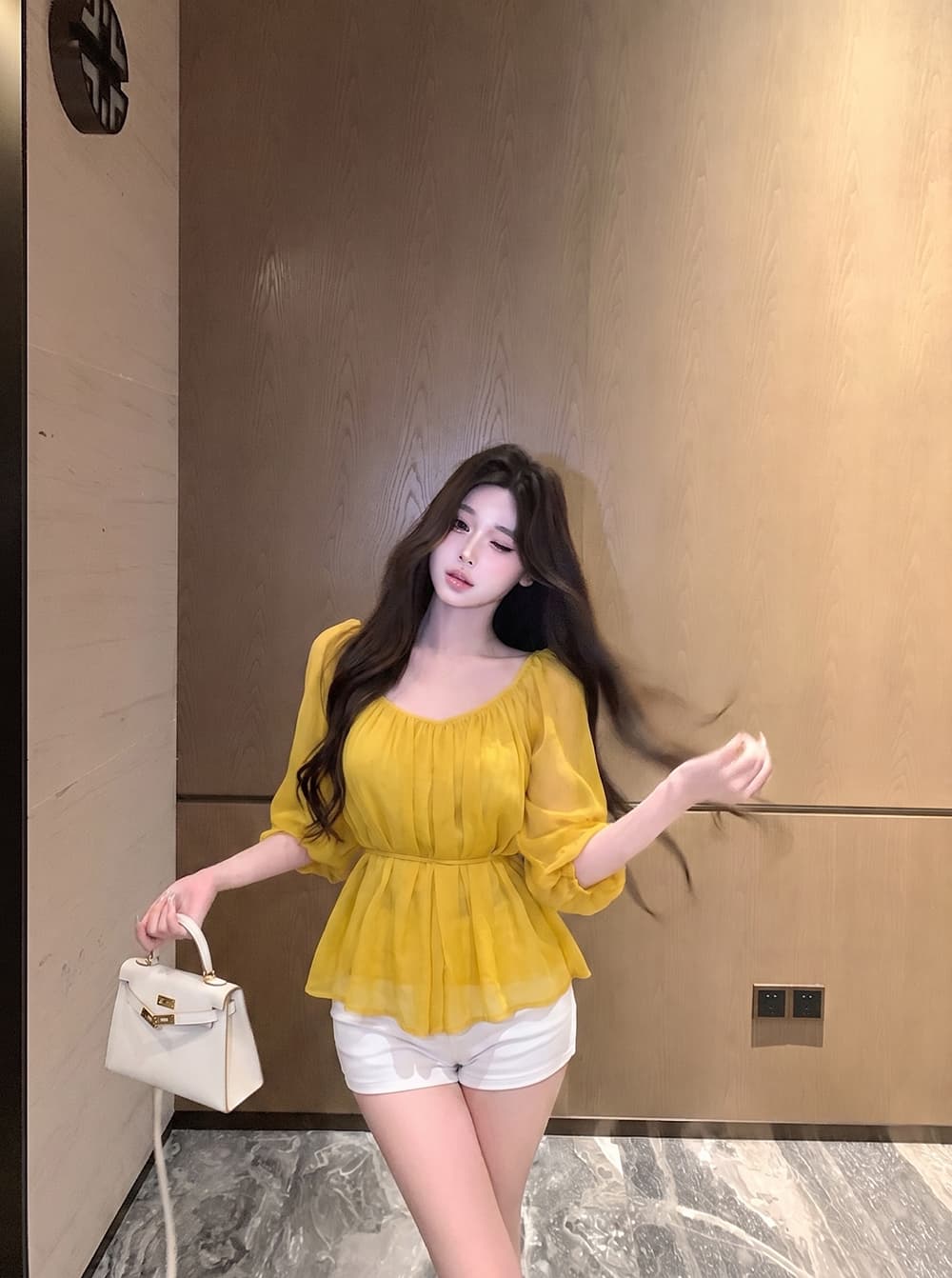 V넥 높음 ~을 통해 주름 레이스업 시폰 셔츠 여성 봄 여름 반소매 맨위 상세 이미지 2