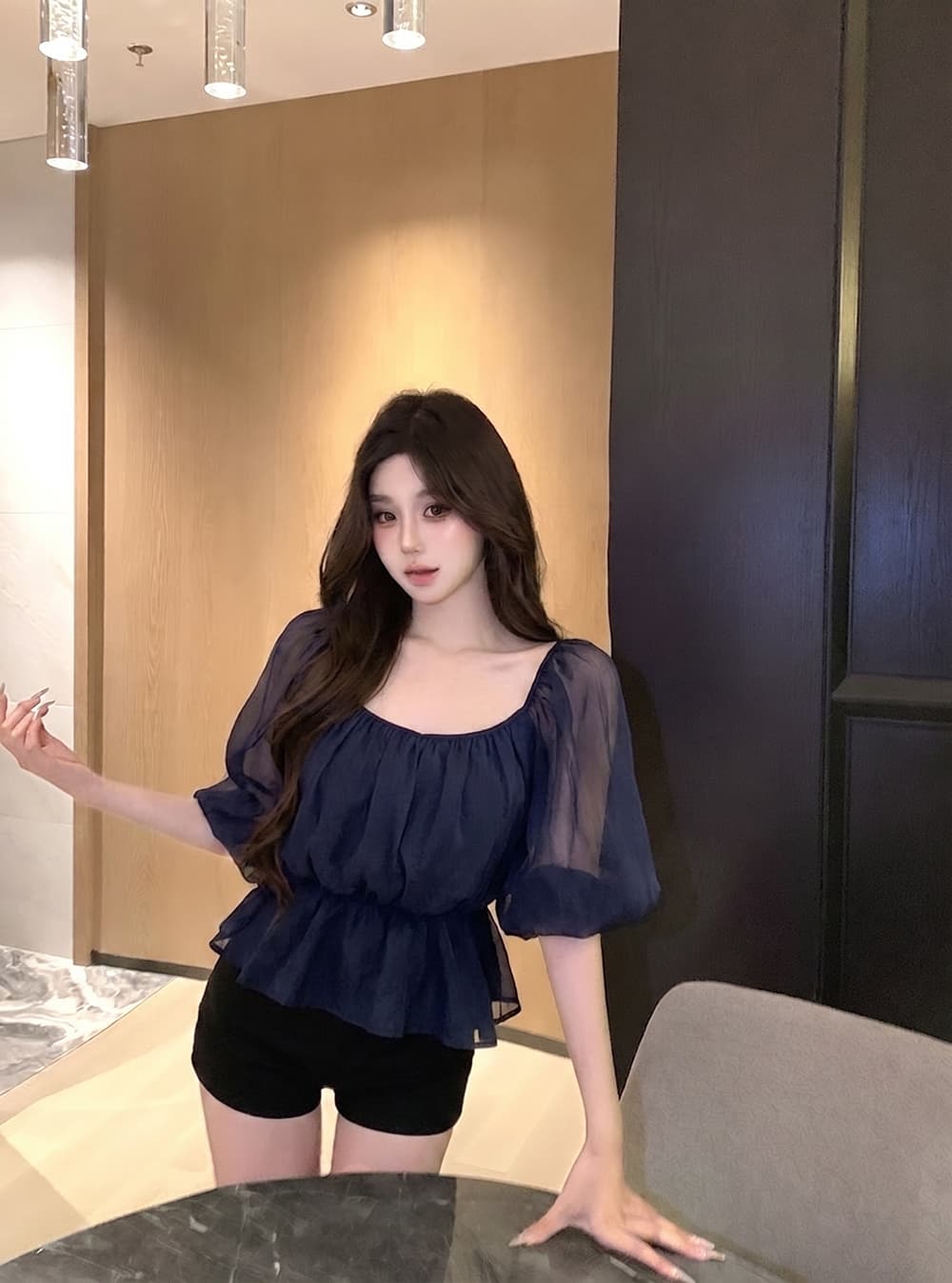 V넥 높음 ~을 통해 주름 레이스업 시폰 셔츠 여성 봄 여름 반소매 맨위 상세 이미지 8
