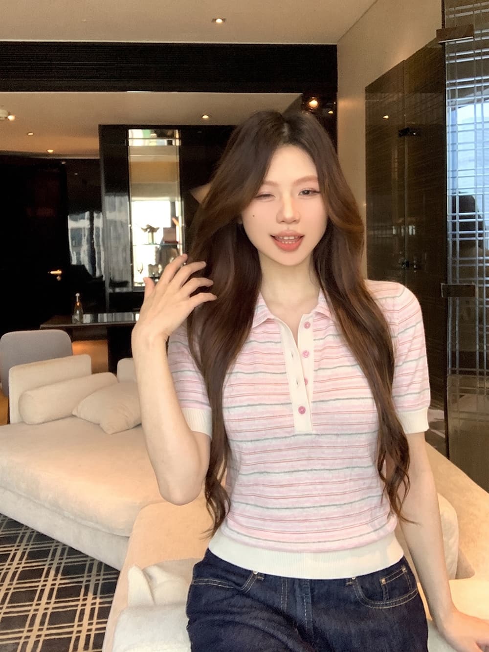 얼음 센스 통기성 스트라이프 POLO 셔츠 허리 수축 셔츠 반팔 이미지 4