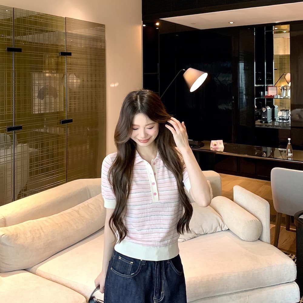 얼음 센스 통기성 스트라이프 POLO 셔츠 허리 수축 셔츠 반팔 이미지 5