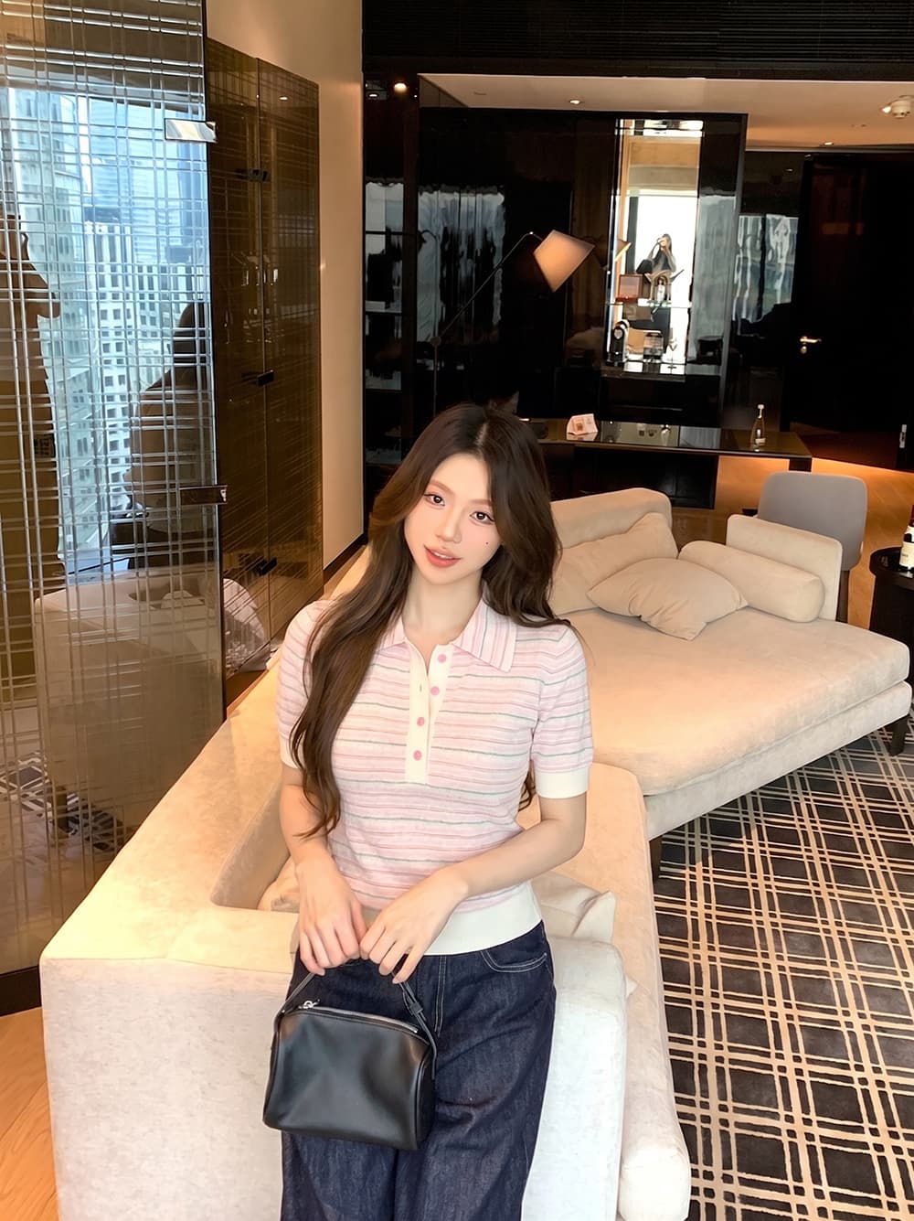 얼음 센스 통기성 스트라이프 POLO 셔츠 허리 수축 셔츠 반팔 상세 이미지 10