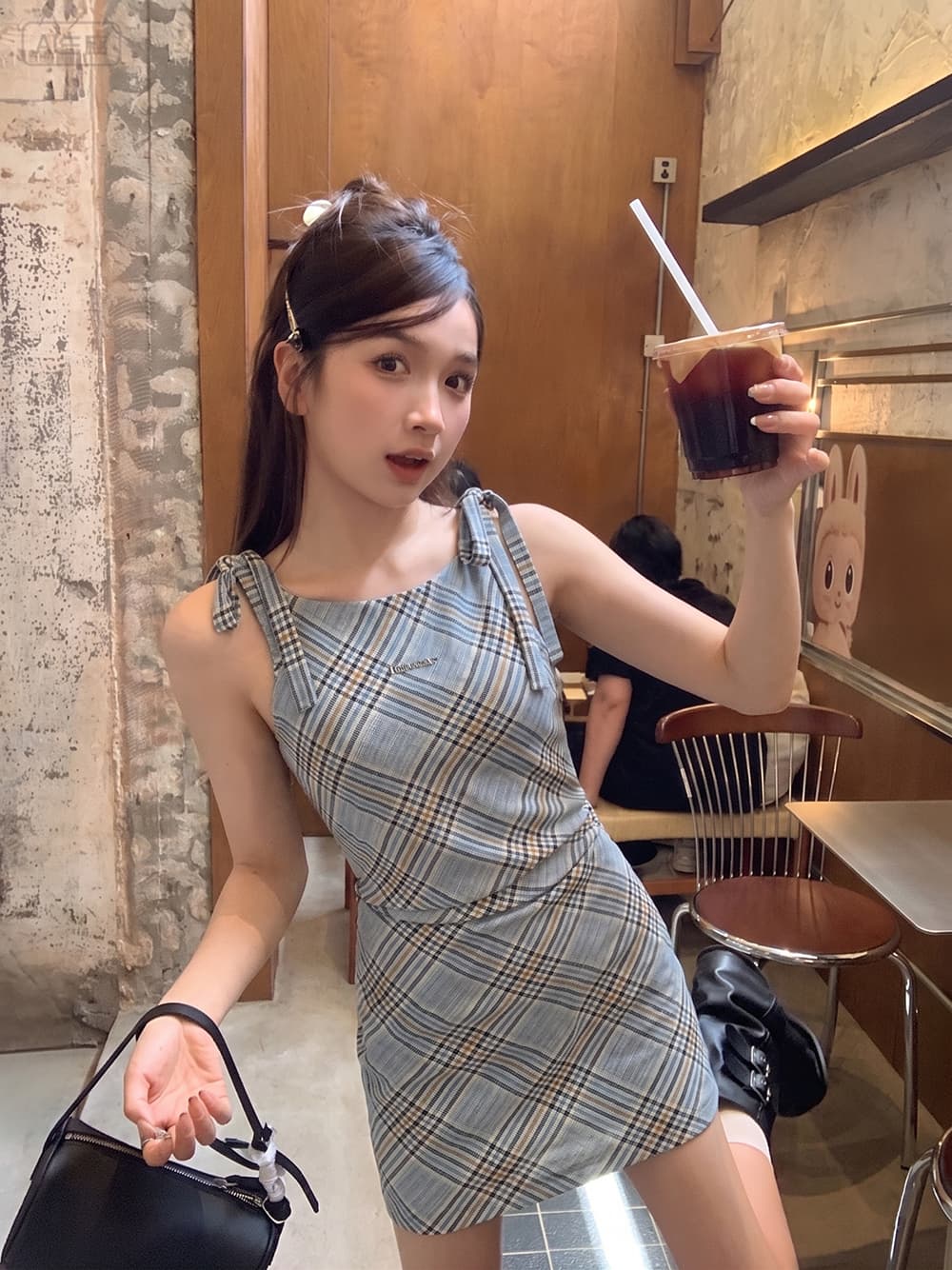 행침 목 파란색 체크무늬 드레스 허리 수축 몸매 가꾸기 미니 스커트 여성 상세 이미지 7