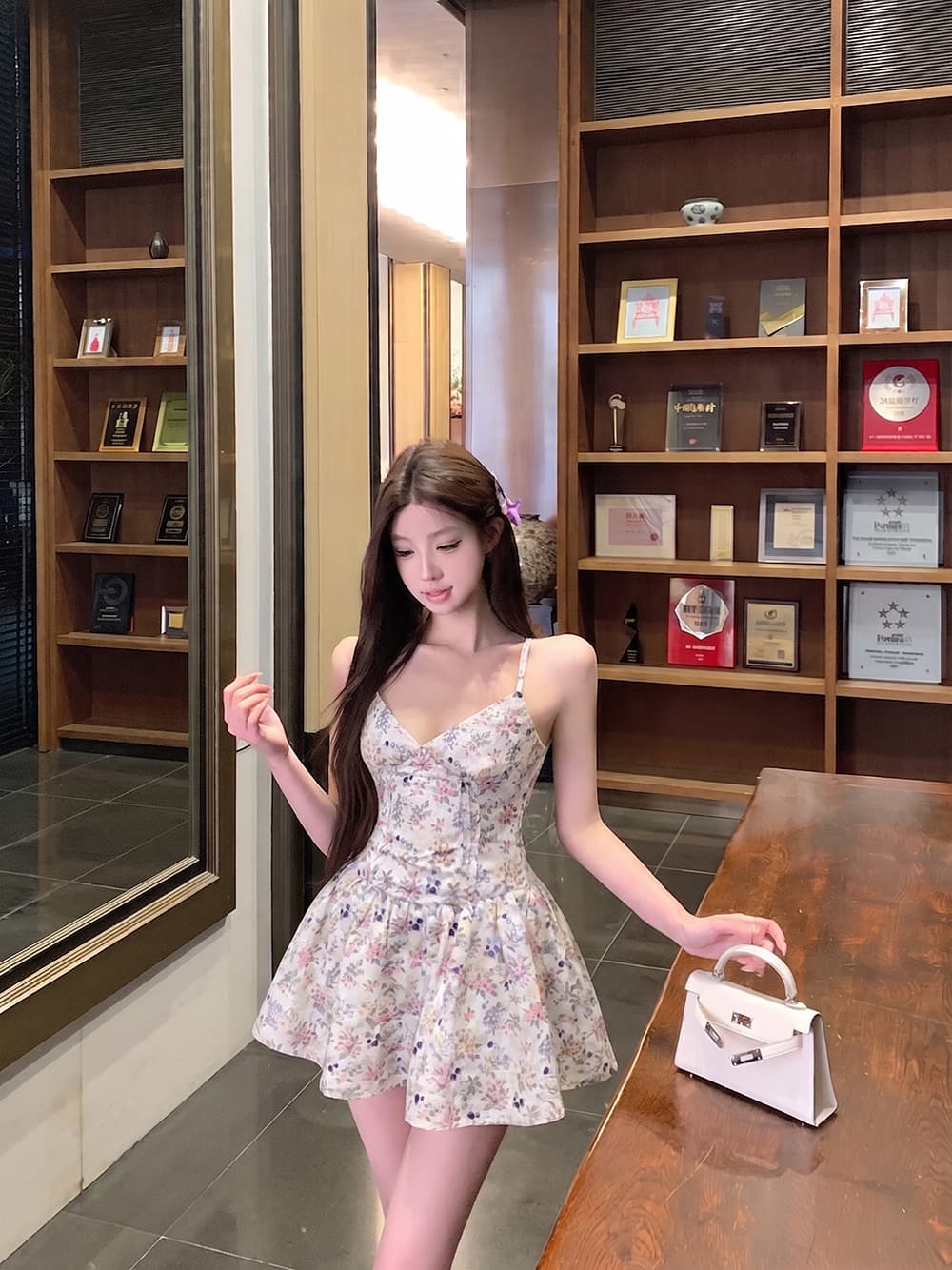살구 분말 꽃무늬 슬립 여성 드레스 여름 새로운 슬림해 보이는 A라인 스커트 상세 이미지 1