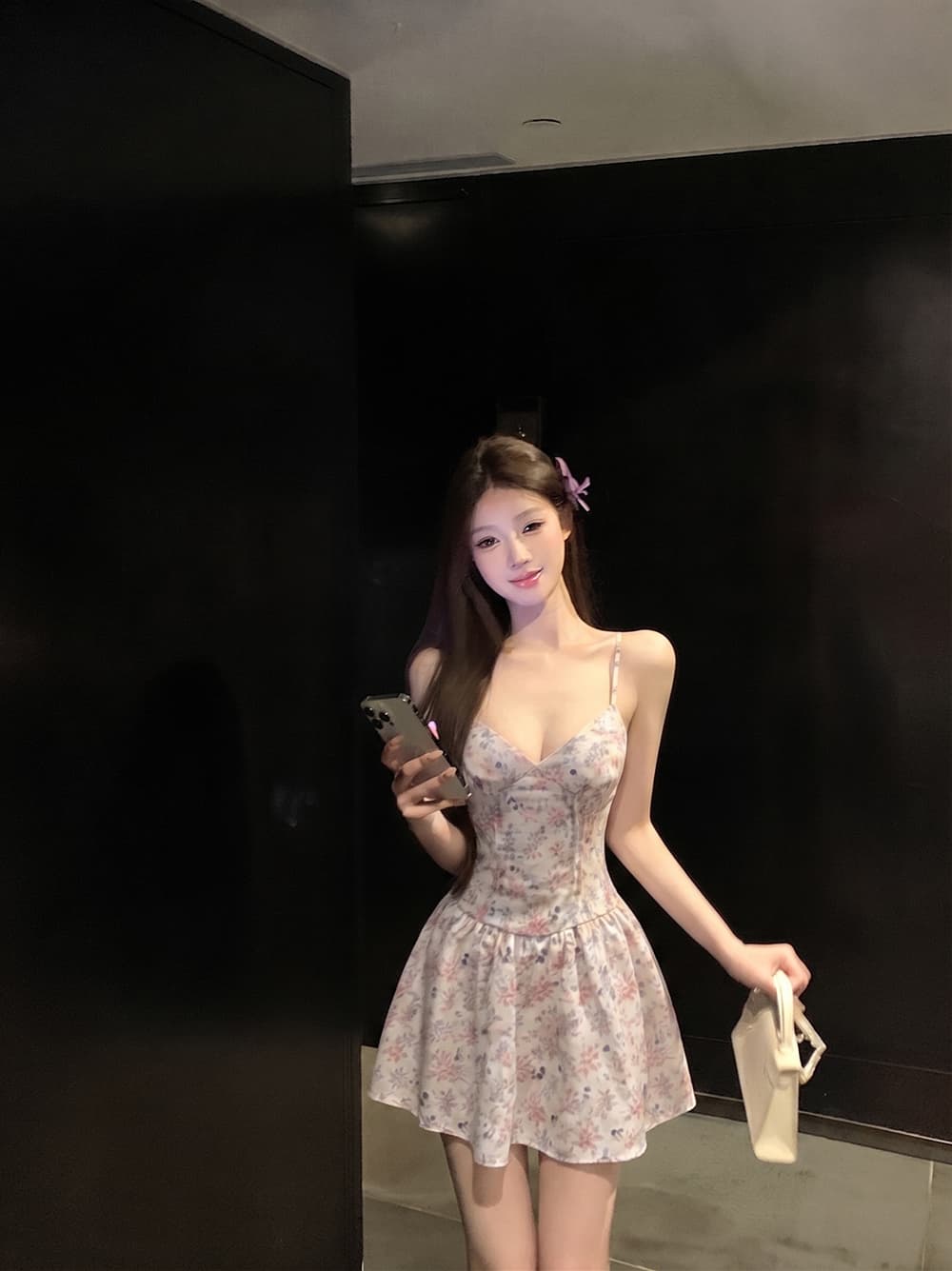 살구 분말 꽃무늬 슬립 여성 드레스 여름 새로운 슬림해 보이는 A라인 스커트 상세 이미지 6