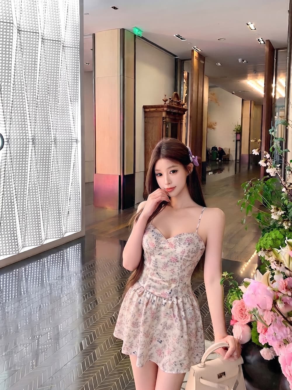 살구 분말 꽃무늬 슬립 여성 드레스 여름 새로운 슬림해 보이는 A라인 스커트 상세 이미지 7