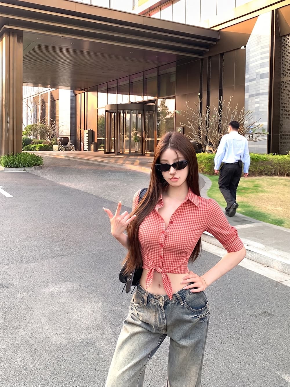 폴로 칼라 높음 폭탄 망사 체크무늬 단추 여성 셔츠 봄 여름 수확 허리 위로