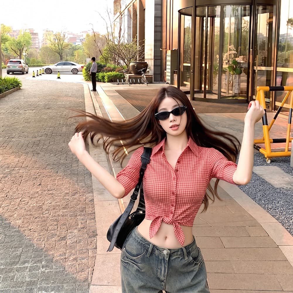 폴로 칼라 높음 폭탄 망사 체크무늬 단추 여성 셔츠 봄 여름 수확 허리 위로 이미지 5