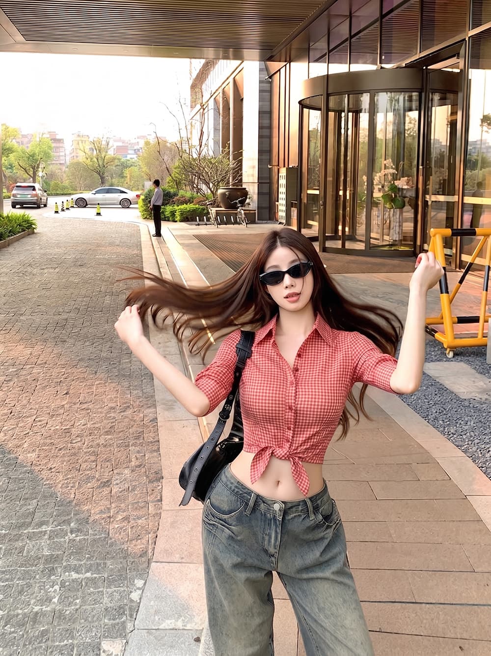 폴로 칼라 높음 폭탄 망사 체크무늬 단추 여성 셔츠 봄 여름 수확 허리 위로 상세 이미지 5