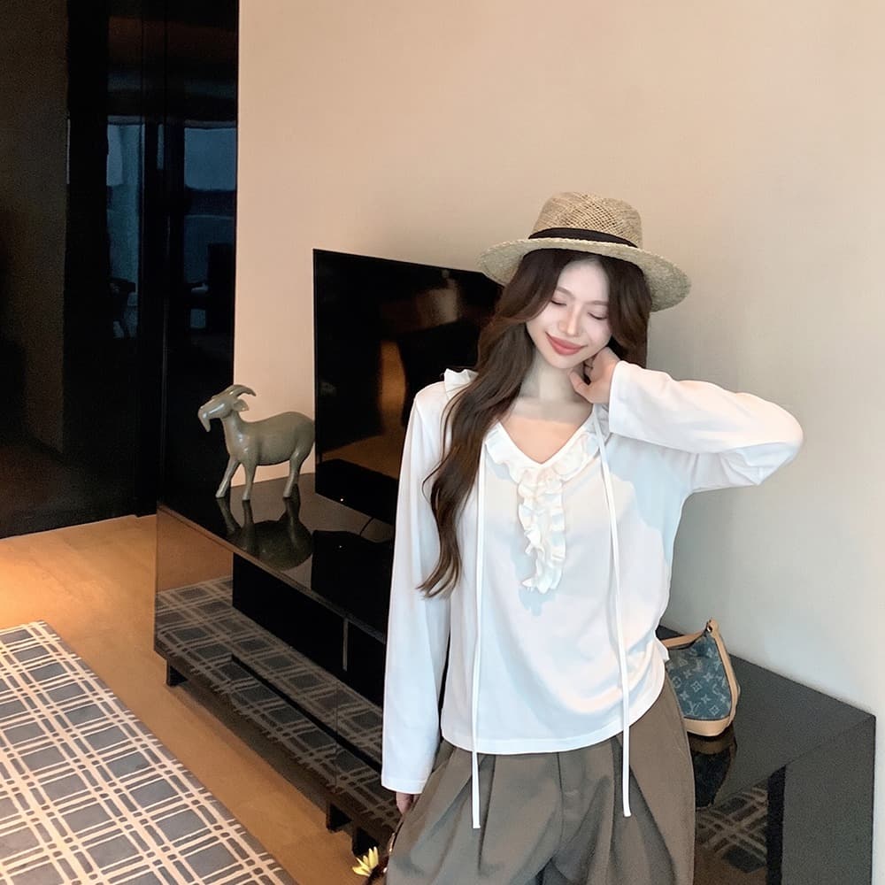한 부서 화이트 프릴 V넥 7부 소매 티셔츠 여성 여름 루즈핏 디자인 센스 슬림해 보이는 긍정적 인 어깨 의류 이미지 5