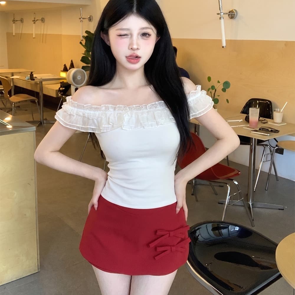 오프숄더 몸매 가꾸기 다용도 반팔 티셔츠 맨위 여성 나비 매듭 한 마디 슬림해 보이는 몸매 가꾸기 타이트 스커트 미니 스커트 이미지 5