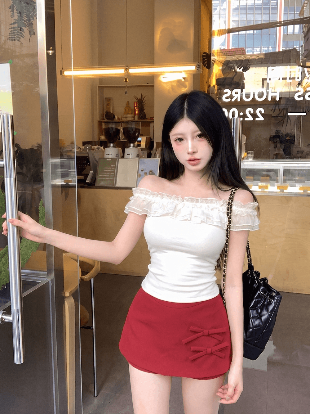 오프숄더 몸매 가꾸기 다용도 반팔 티셔츠 맨위 여성 나비 매듭 한 마디 슬림해 보이는 몸매 가꾸기 타이트 스커트 미니 스커트 상세 이미지 1